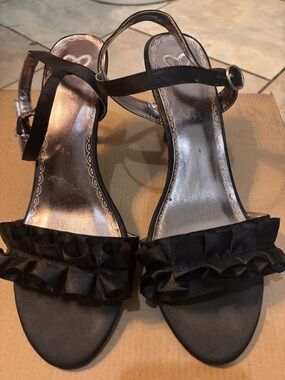 Madeline Black Ruffle Ankle-Strap Heeled Sandals